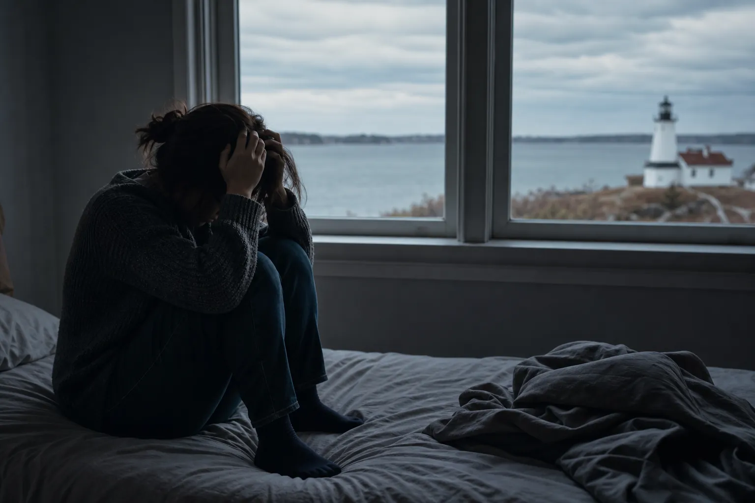 Distressed person sitting curled up on a bed by a window overlooking the sea and a distant lighthouse.