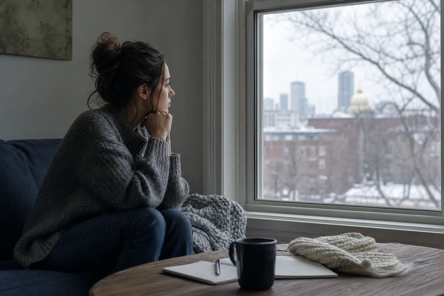 A pensive woman in a gray sweater sits by a window, looking across a snowy cityscape with a notebook and mug nearby.