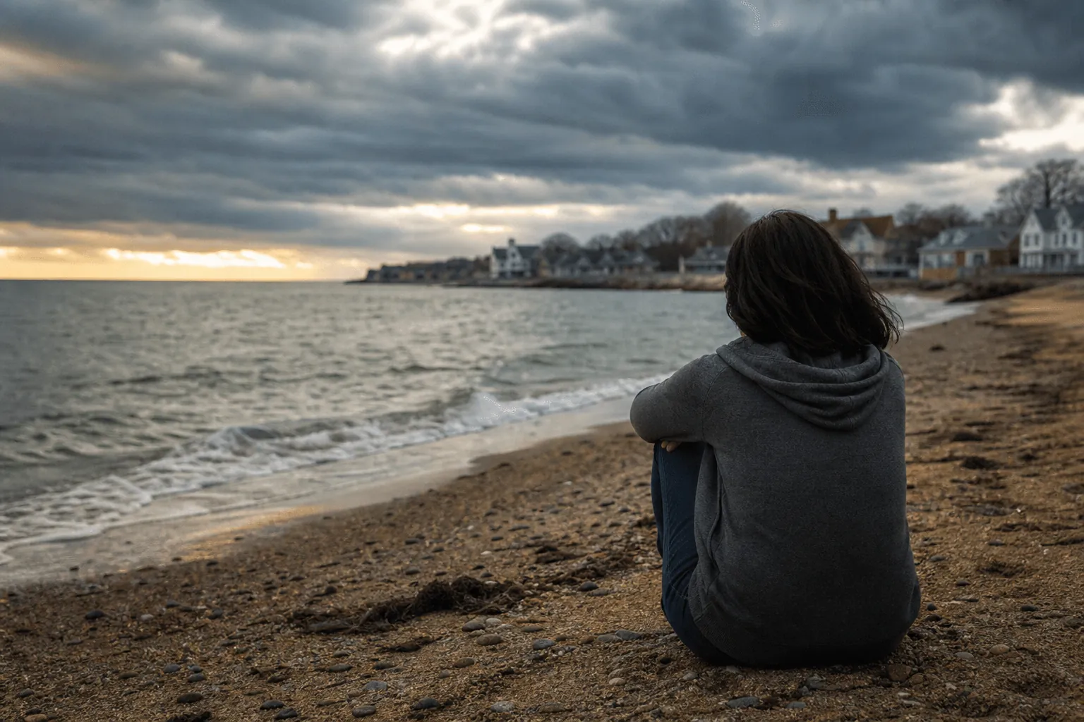 A solitary person in a gray hoodie sits on a rocky beach beneath dark clouds, facing the water and distant houses.