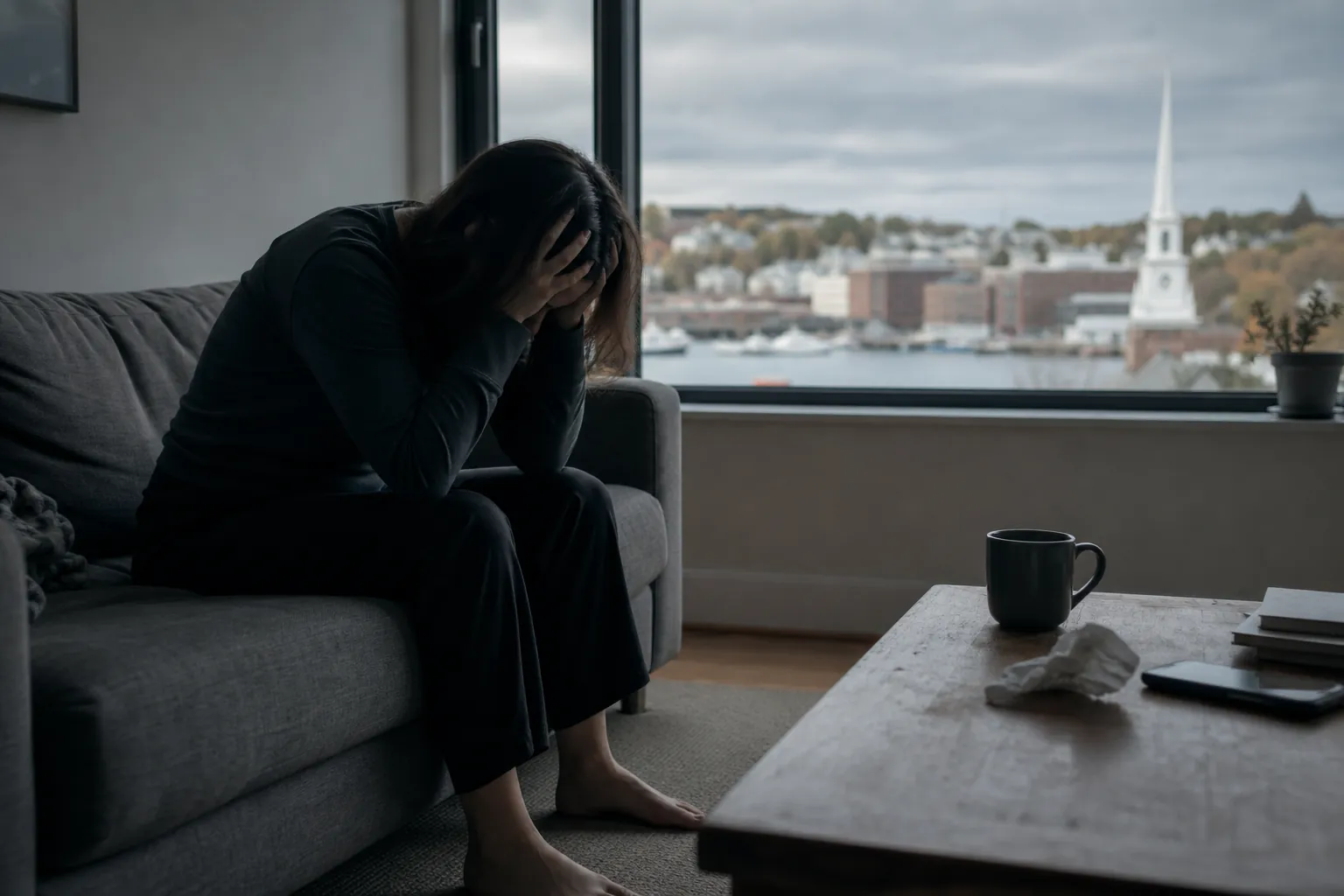 A distressed person sits forward on a gray sofa with their face in their hands beside a table with a mug, tissue, and books.