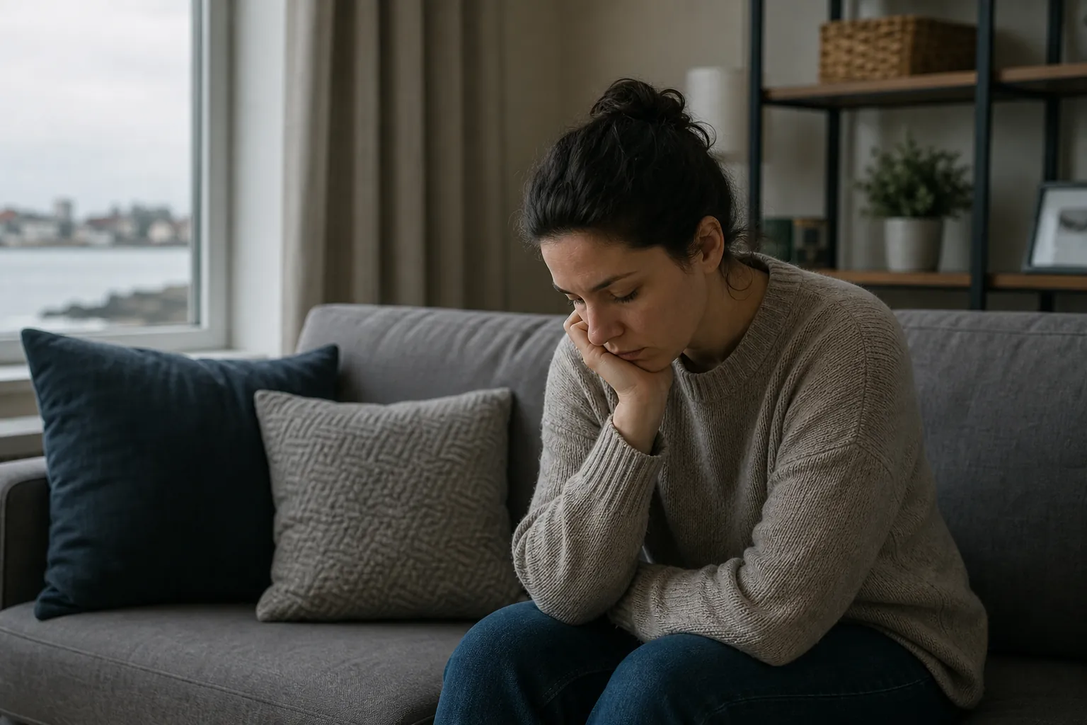 A distressed woman sits hunched on a gray sofa, resting her face in one hand and looking down in a quiet living room.