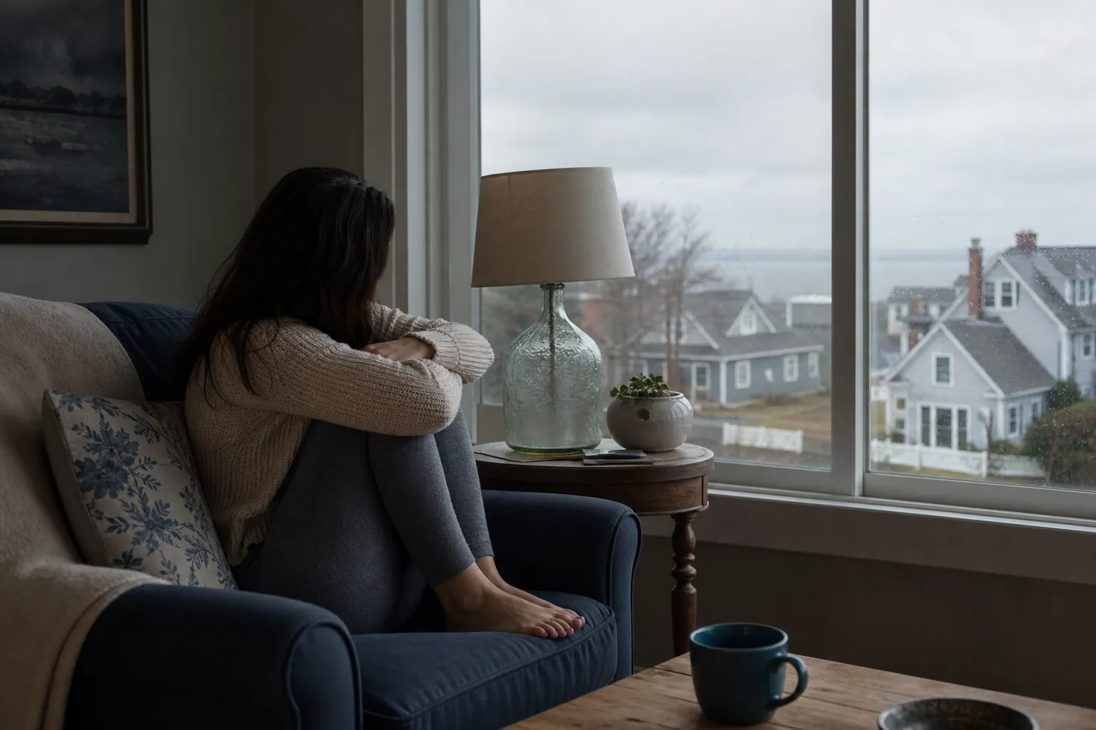 A woman sits curled up in an armchair, looking out a rainy window at neighboring houses.