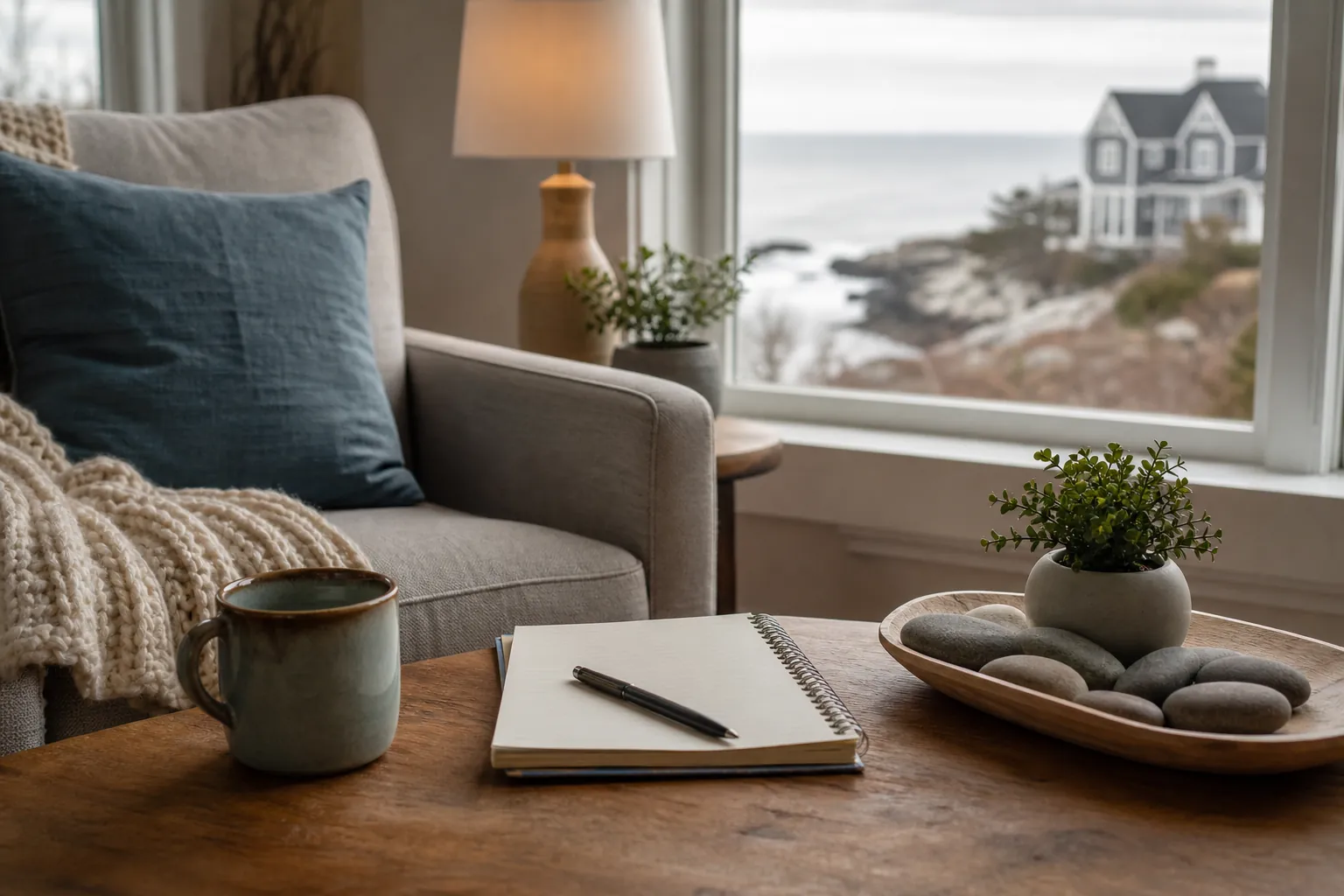 Blank notebook and pen on a coffee table beside a mug, armchair, plants, and a window overlooking the coast.