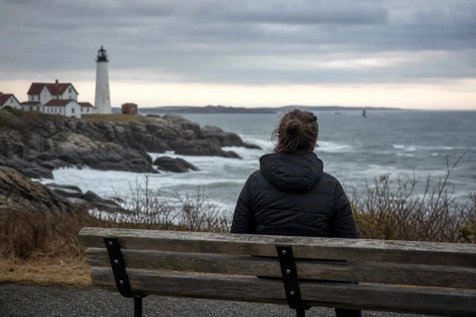 Person in a black jacket sits on a wooden bench overlooking a rocky coast and lighthouse beneath cloudy skies.