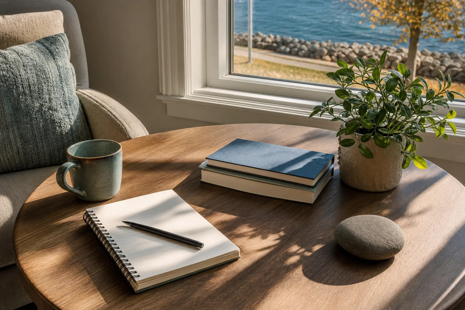 A blank spiral notebook, pen, mug, stacked books, potted plant, and stone on a sunlit table beside a waterfront window.