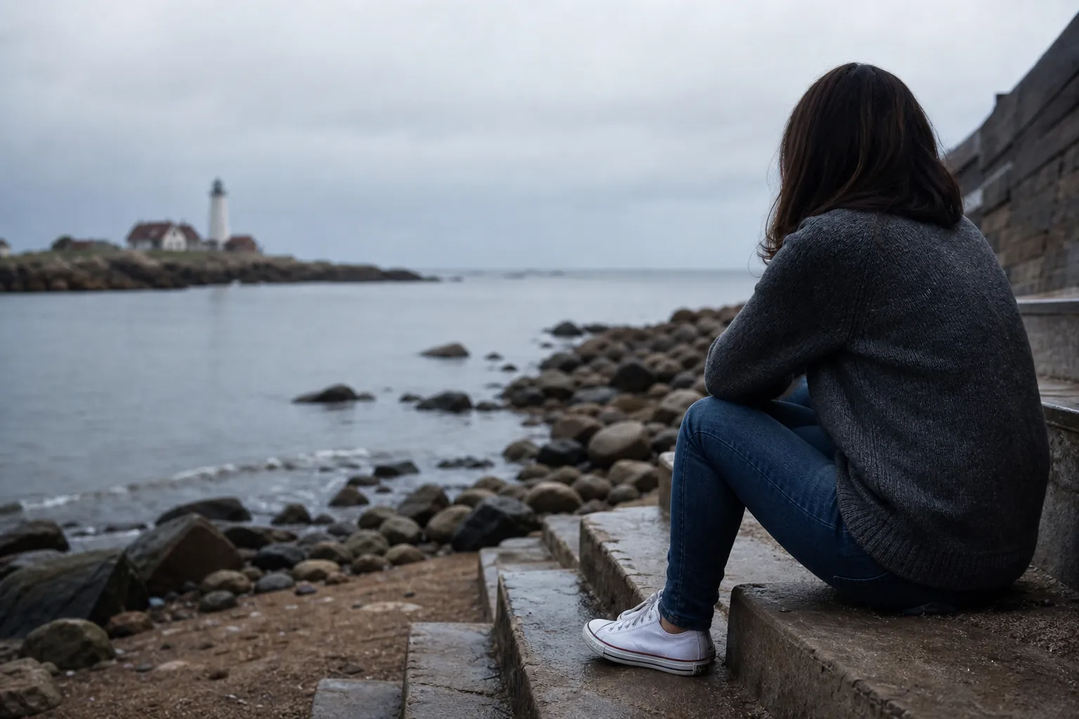 A solitary woman in a gray sweater sits on concrete steps beside a rocky shore, looking across the water toward a lighthouse.