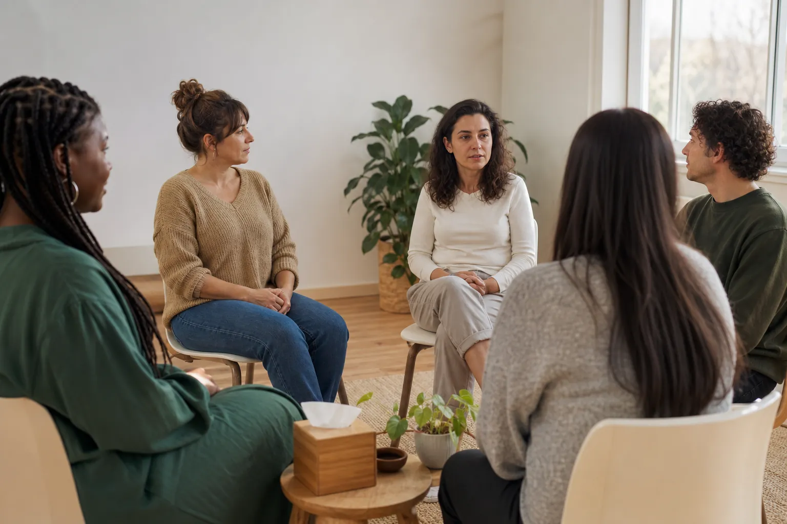Editorial illustration of How a therapy group can support change in Massachusetts