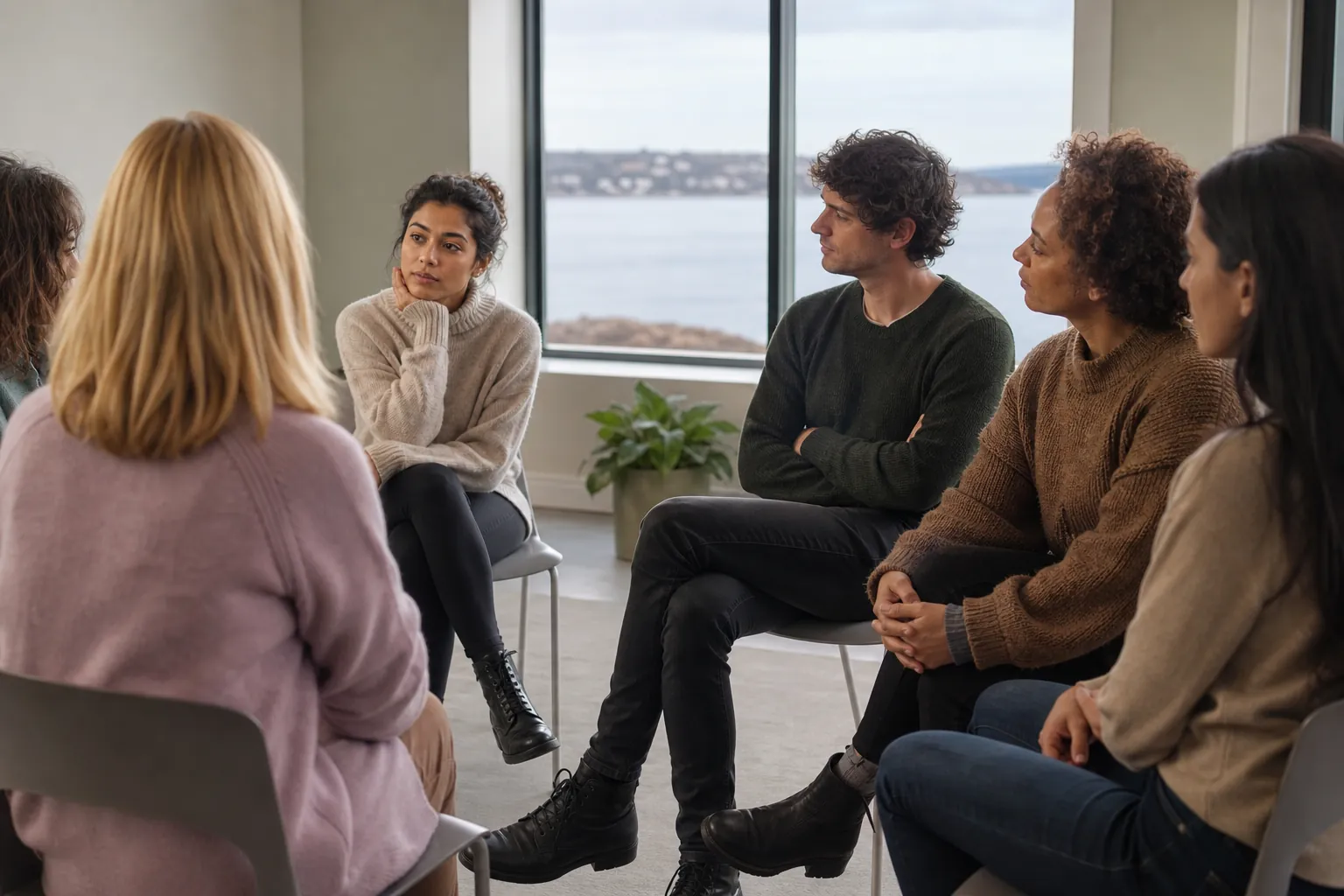 Six adults sit in a circle during a group therapy session in a bright room overlooking the water.
