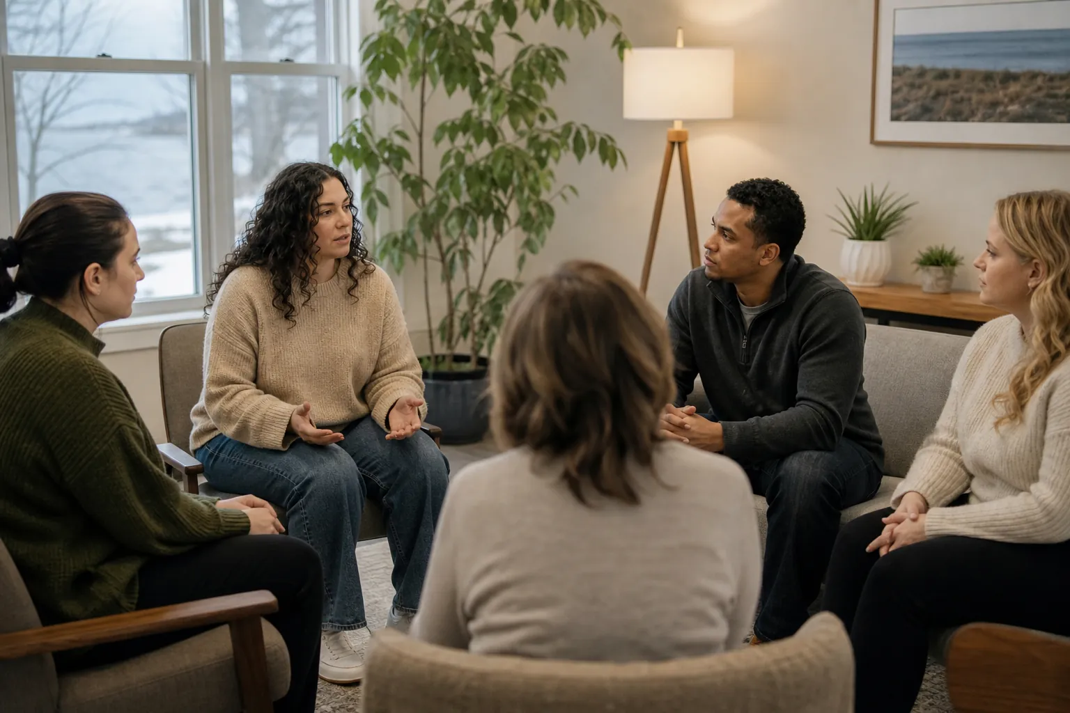 Five adults sit in a circle during a group therapy session as one woman speaks and gestures.