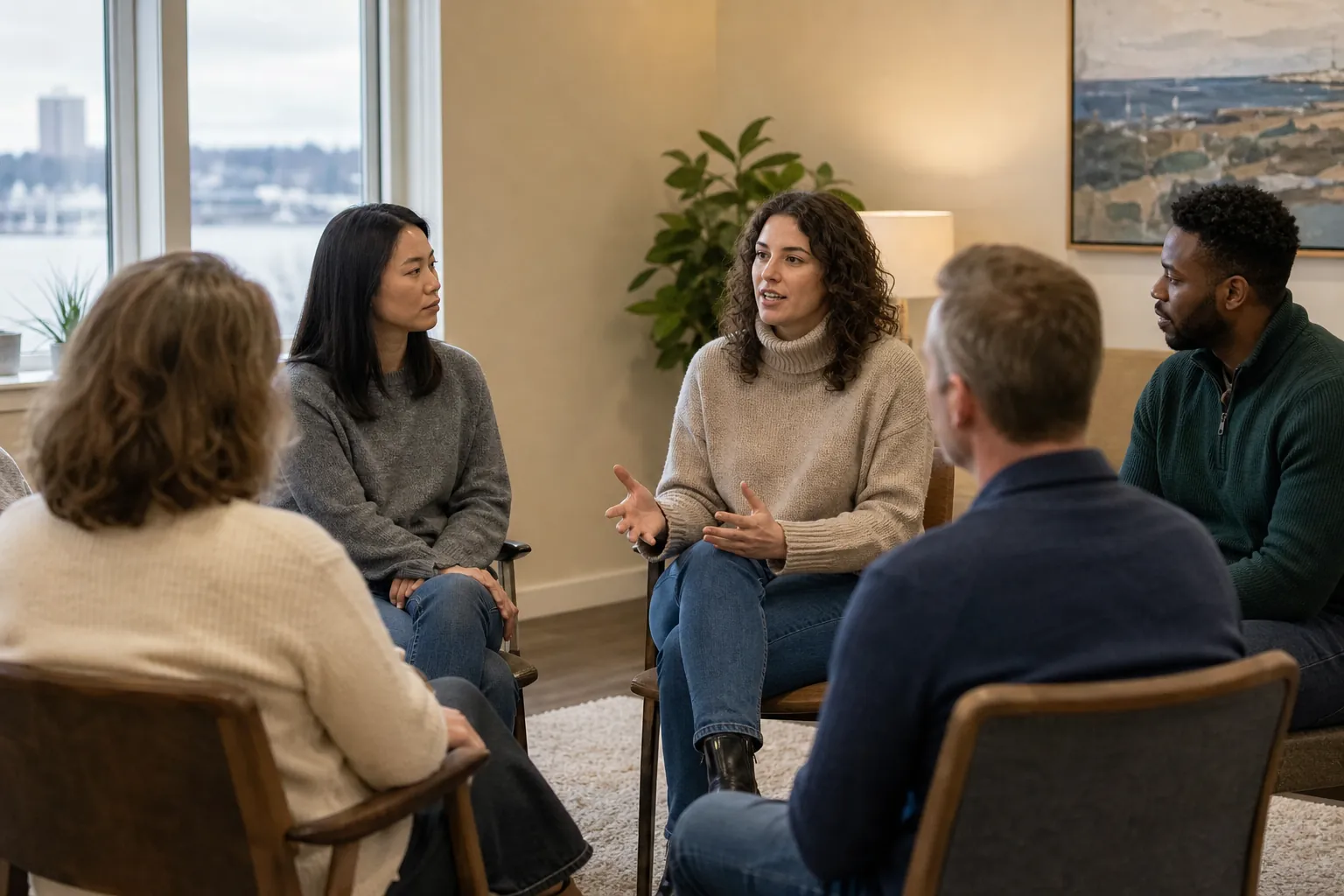 Five adults seated in a therapy circle listen as a woman speaks and gestures in a calm, bright room.