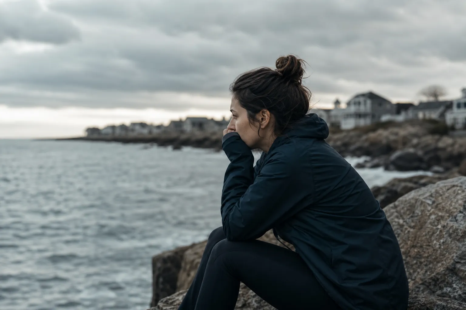 A solitary woman in a dark jacket sits on coastal rocks, looking across the water beneath a cloudy sky.