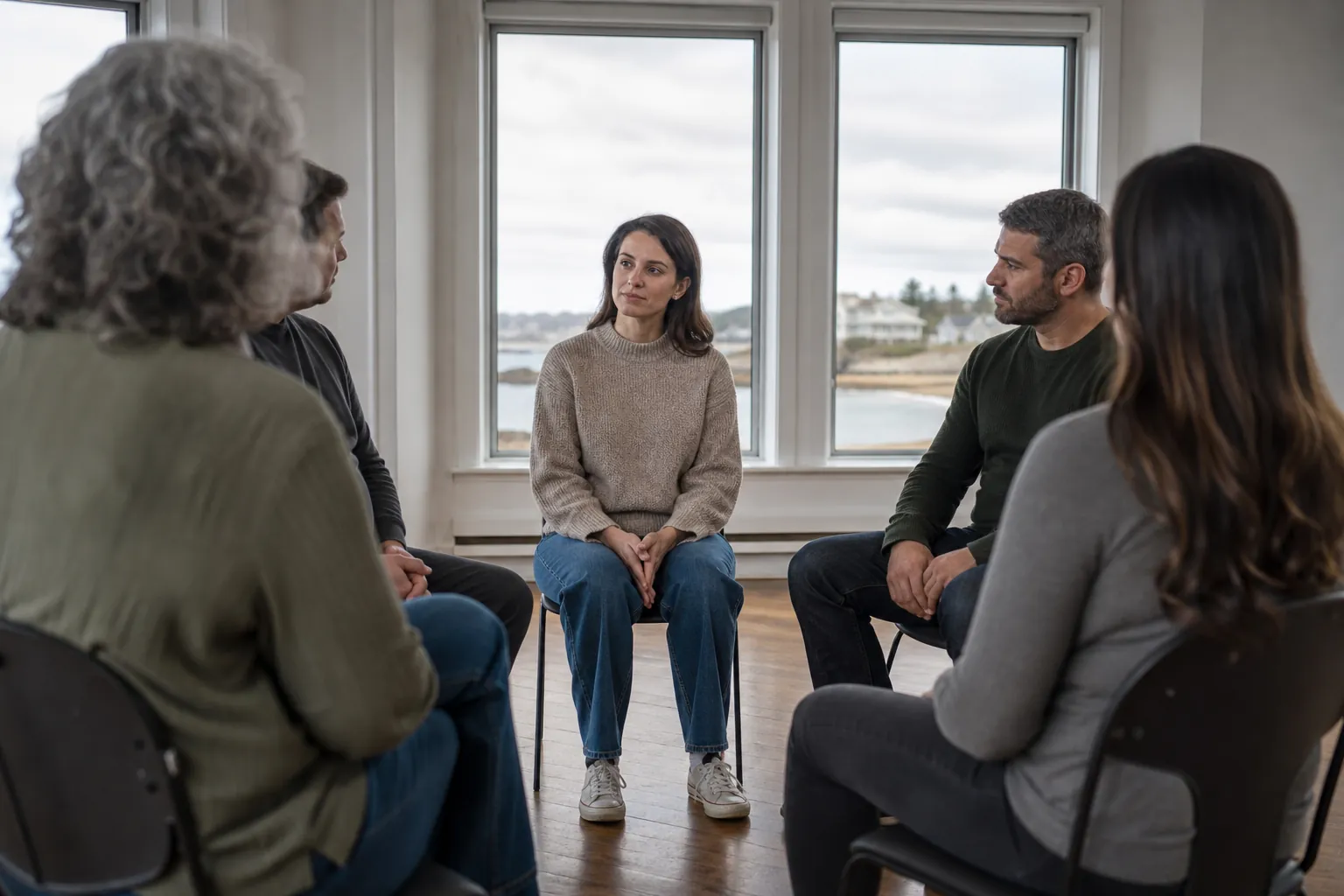 Five adults sit in a circle for a group therapy session in a bright room overlooking the water.