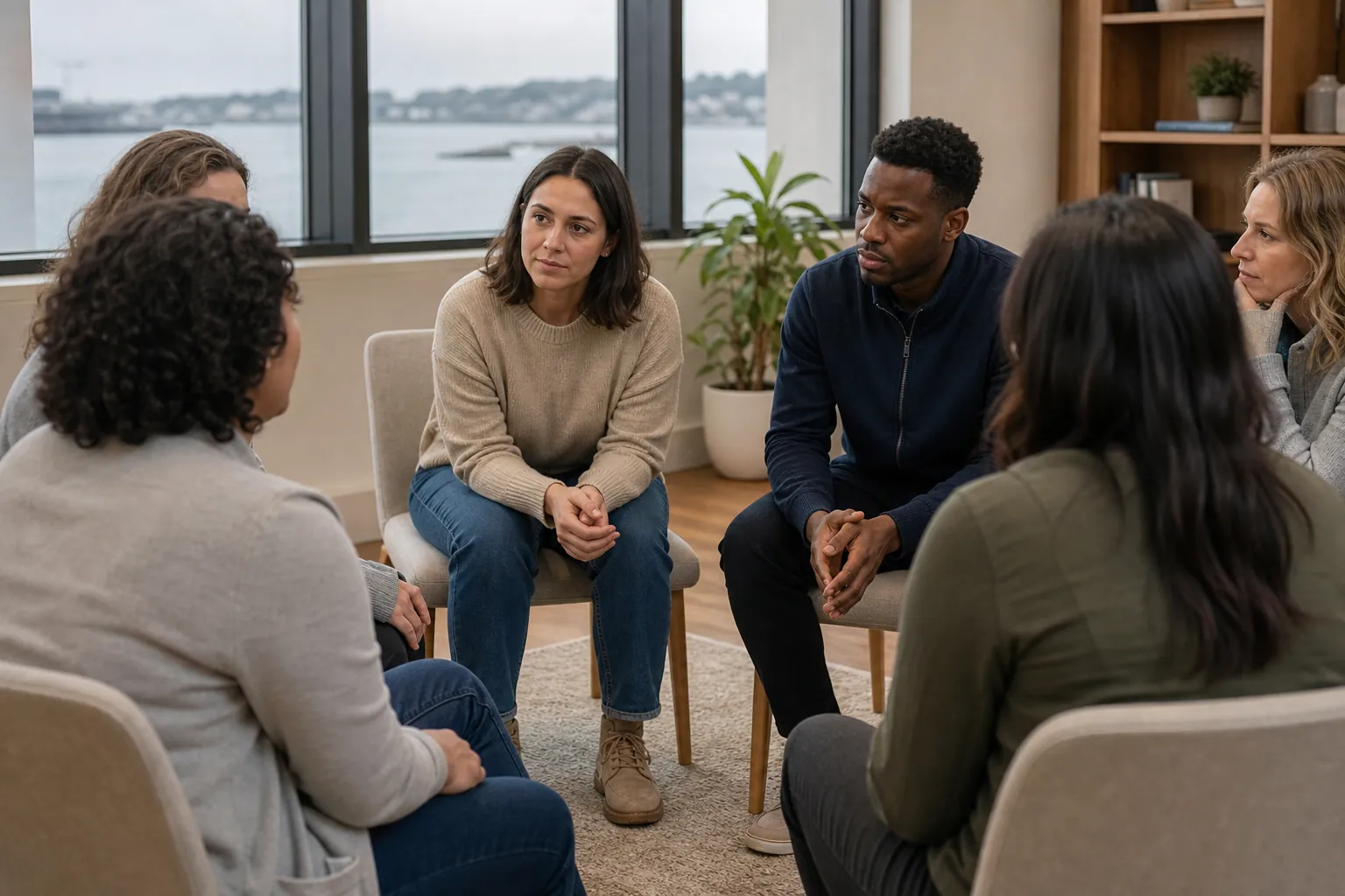 Six adults sit in a circle and listen to one another during a group therapy session in a bright office.