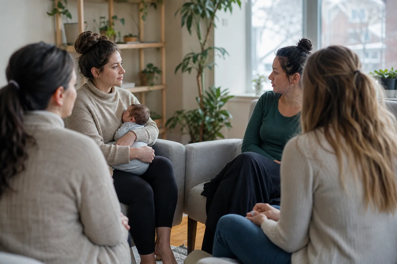Editorial illustration of What postpartum depression group therapy may involve in Massachusetts