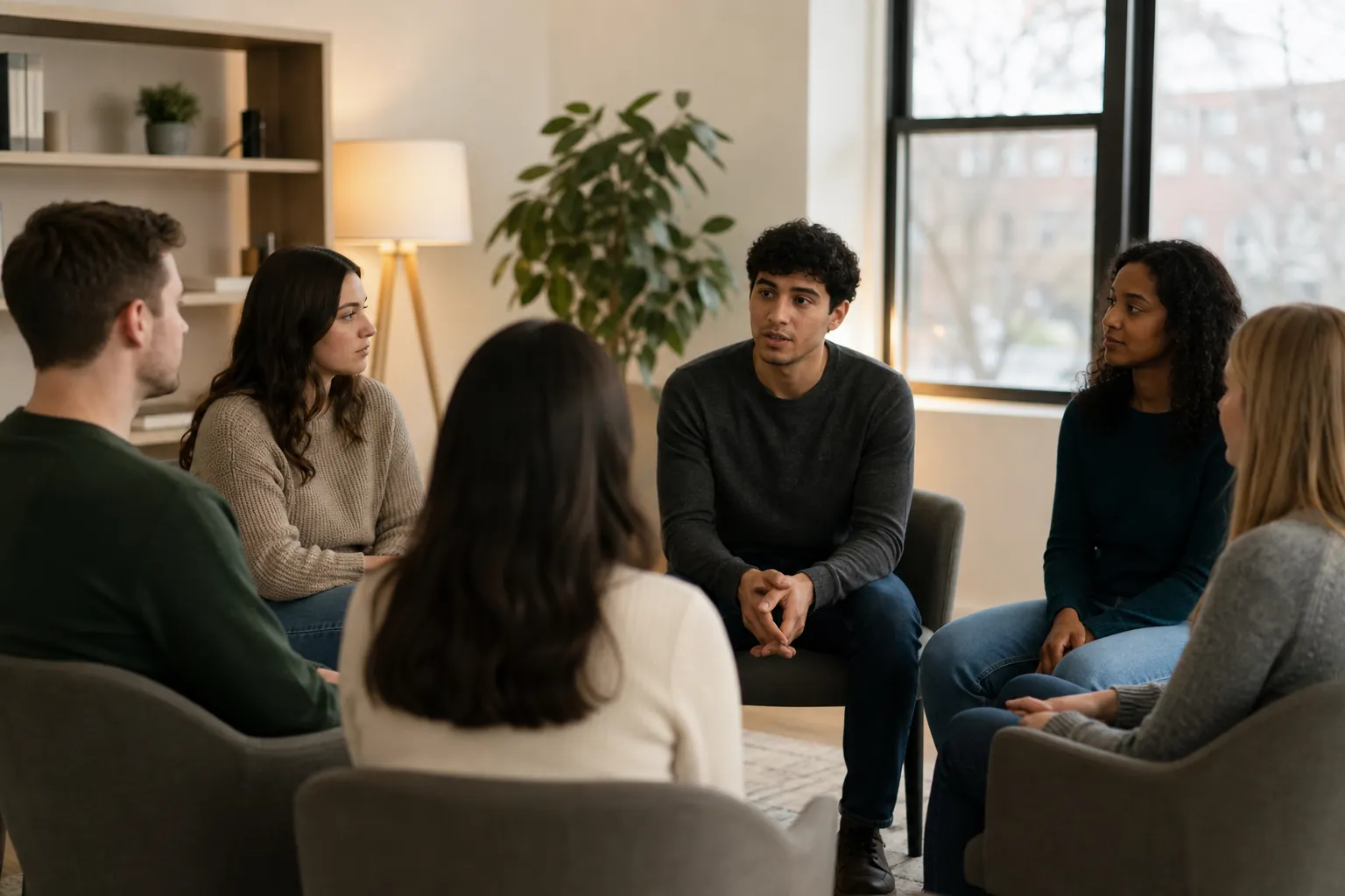 Six adults sit in a circle as one man speaks during a group therapy session in a bright, comfortable room.