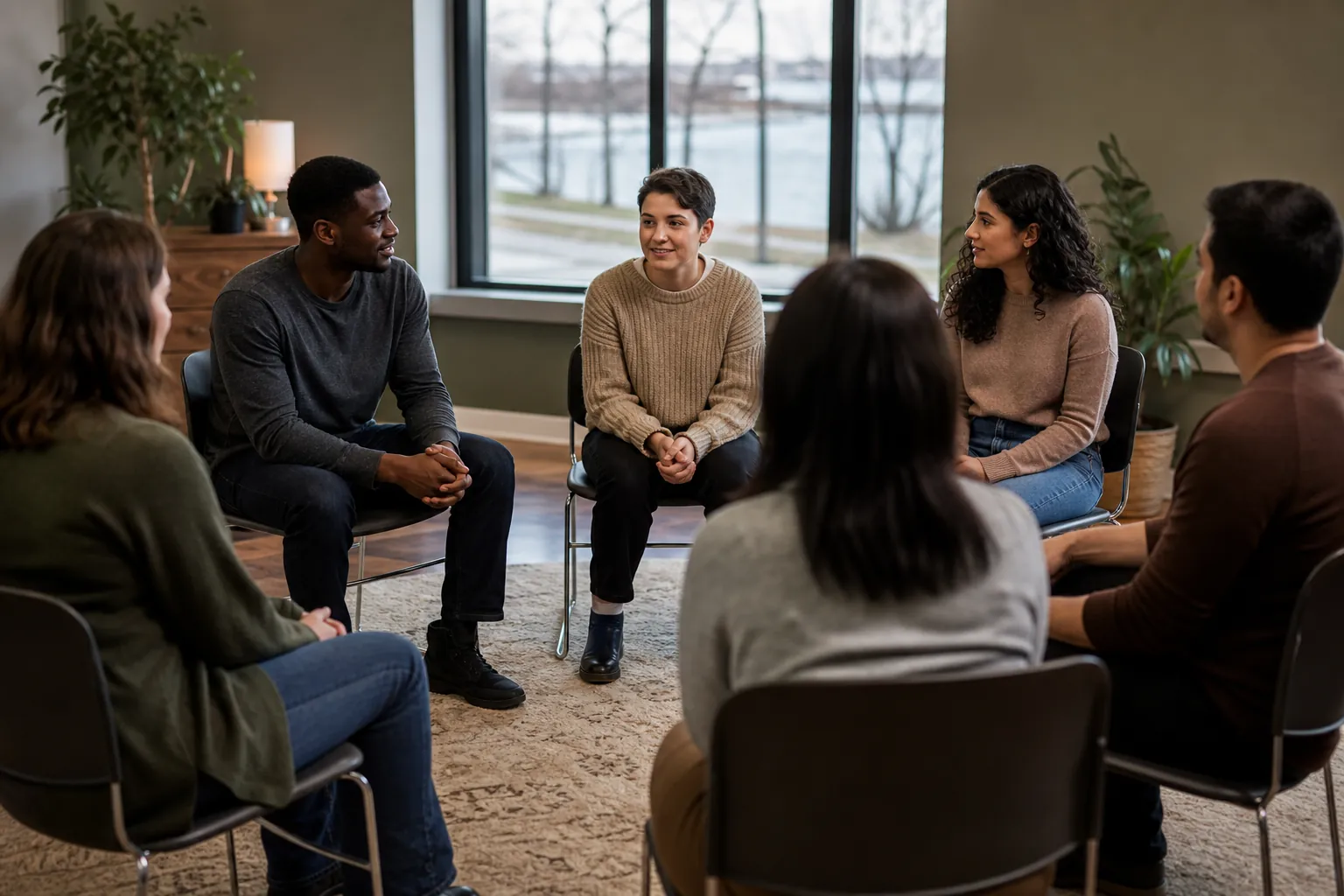 Six adults sit in a circle and talk during a group therapy session in a calm, sunlit room.