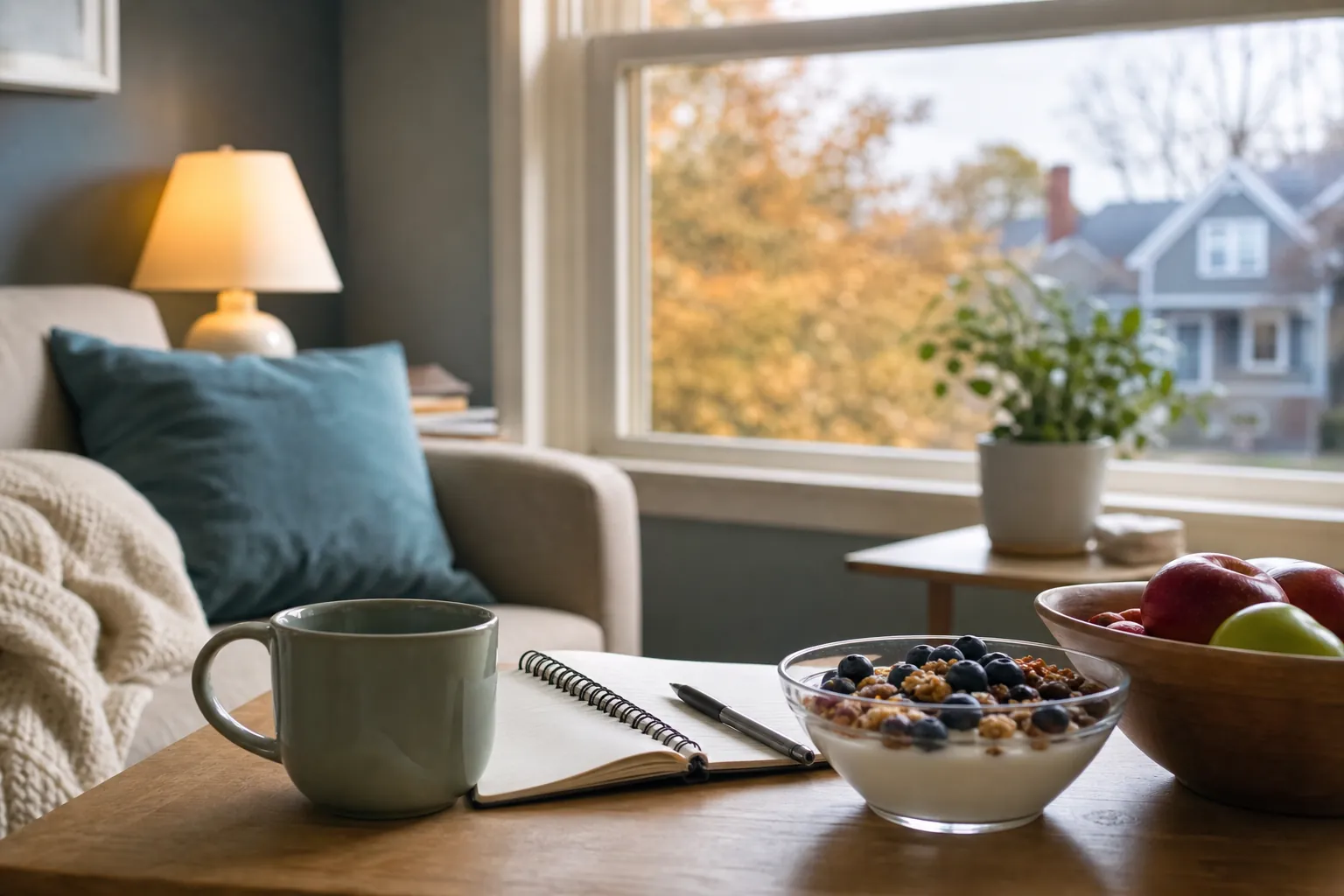 Breakfast bowl beside a notebook