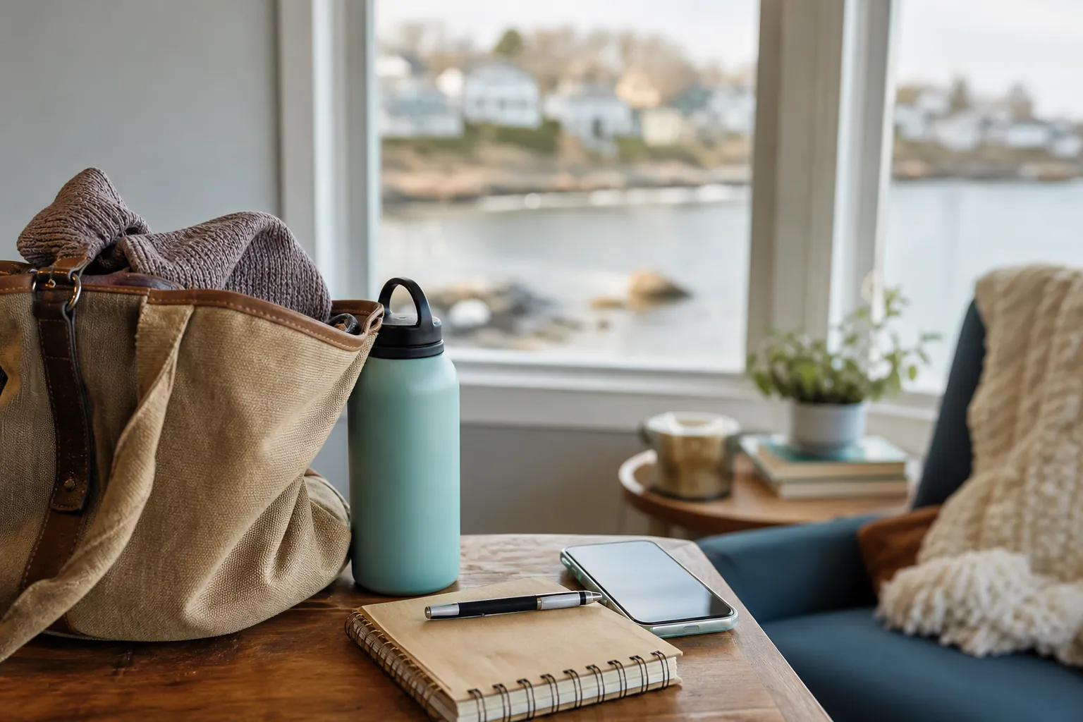 Bag and water bottle beside a notebook