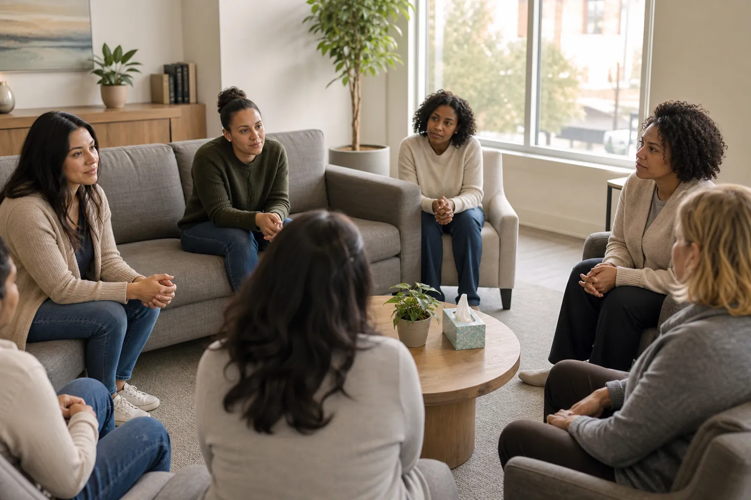 Seven women sit in a circle for a group therapy session in a bright, comfortable counseling room.