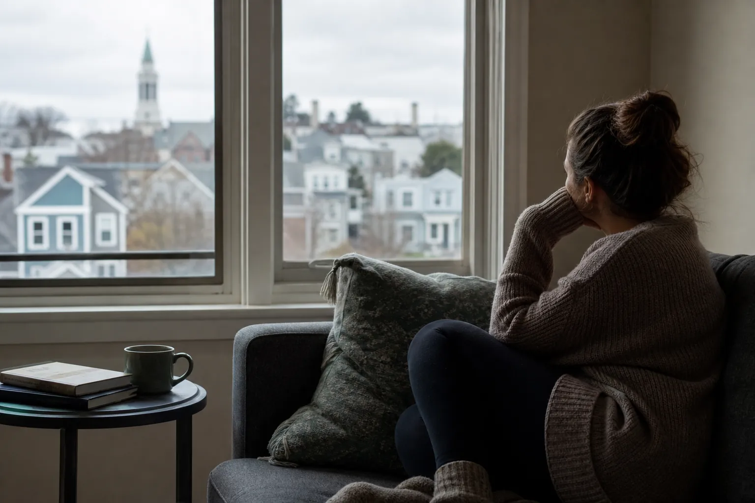 A woman in a sweater sits curled up in an armchair, looking through large windows at a residential neighborhood.