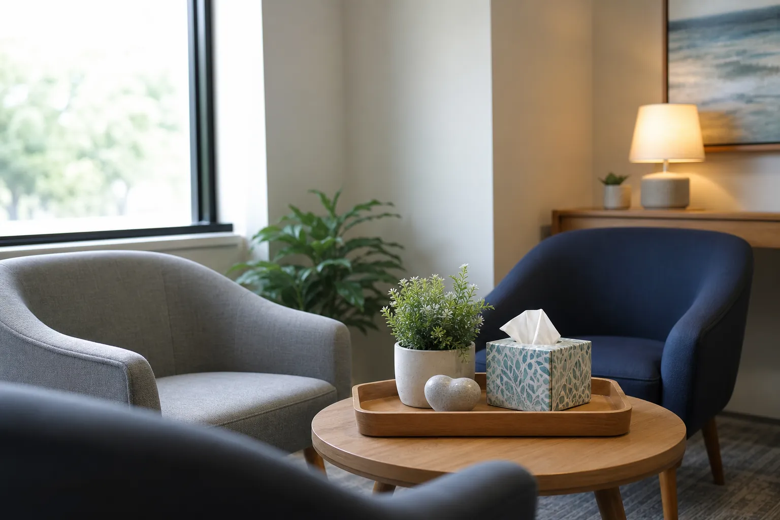 Quiet counseling room with upholstered chairs, a tissue box, plants, and a lamp around a wooden table.