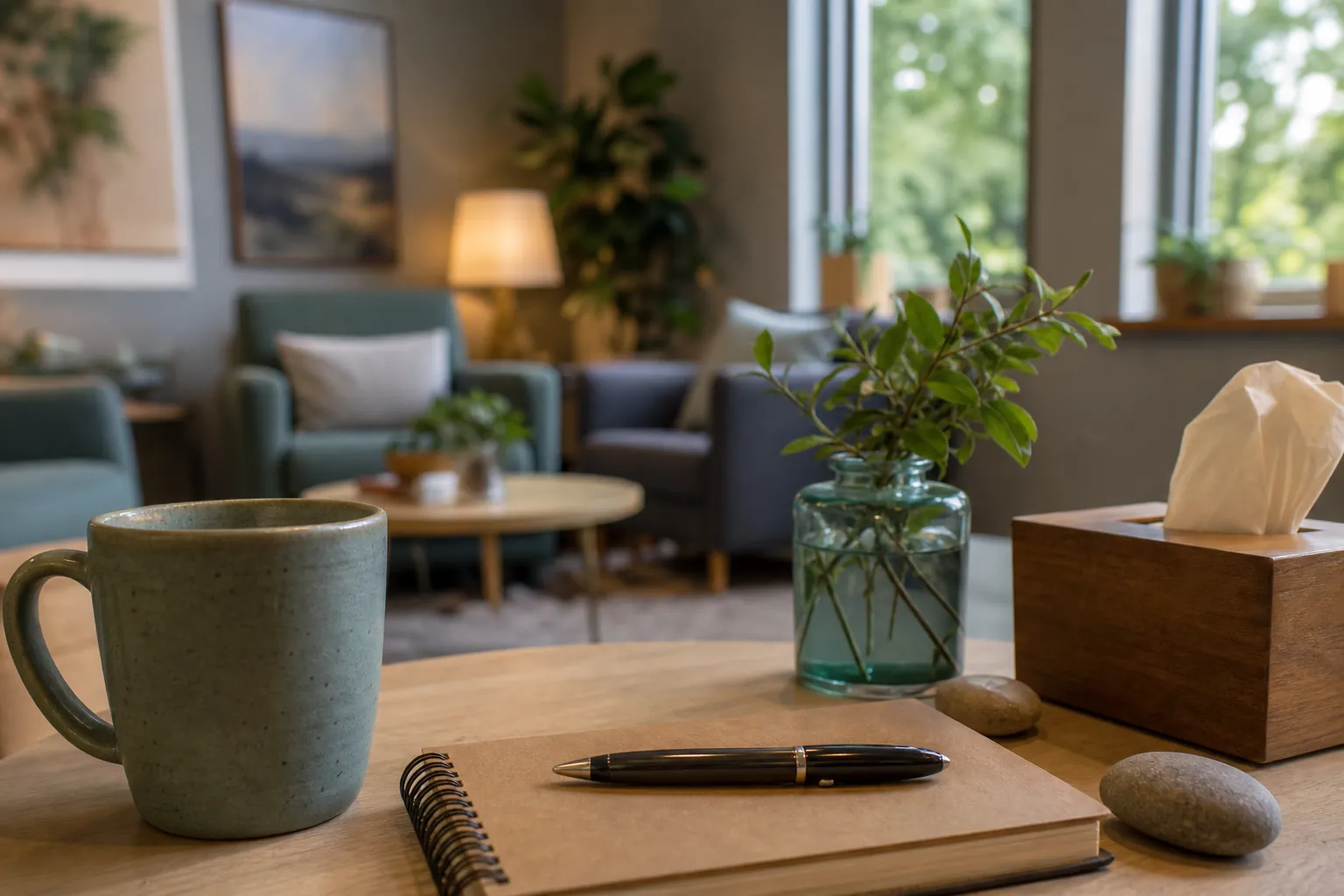A mug, notebook, pen, tissues, stones, and leafy vase on a table in a quiet counseling room.