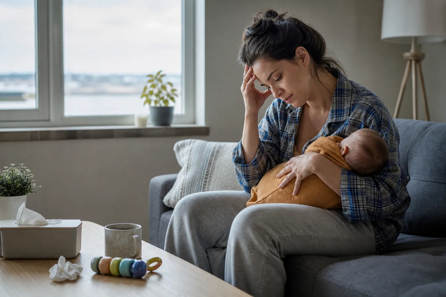 Editorial illustration of What postpartum depression can involve in Massachusetts