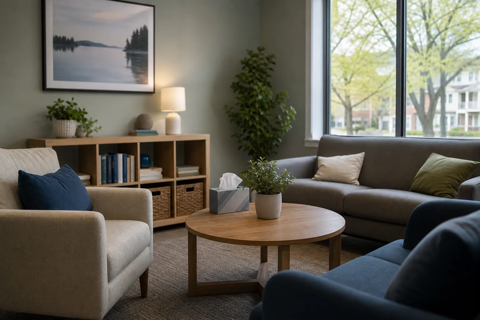 Quiet therapy room with armchairs, a sofa, coffee table, tissues, plants, books, and large windows.