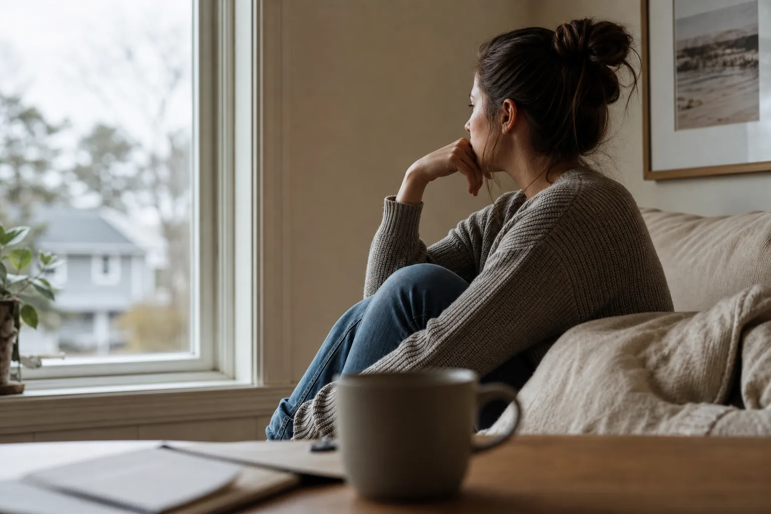 A contemplative woman sits curled up on a sofa, resting her chin on her hand and looking out a window.