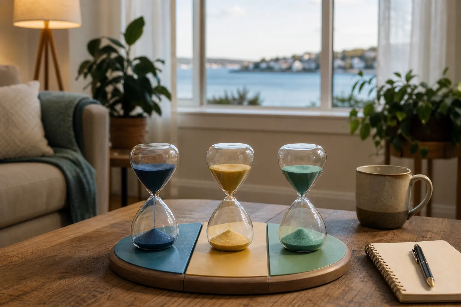 Three colorful hourglasses on a coffee table beside a mug and notebook in a calm waterfront living room.