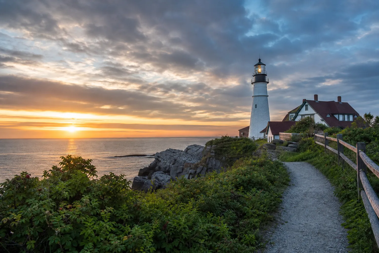 A coastal lighthouse and keeper's house beside a gravel path under cloudy skies at sunset