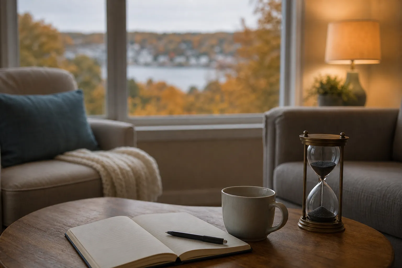 Hourglass and notebook in a quiet counseling room Hourglass, open notebook, pen, and mug on a table in a quiet counseling room overlooking an autumn lake