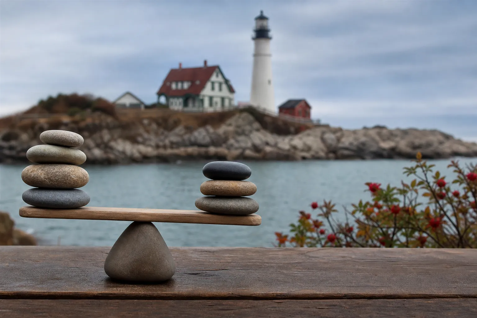 Balanced stone stacks by a coastal lighthouse Two uneven stacks of smooth stones balance on a wooden plank, with a coastal lighthouse in the background.