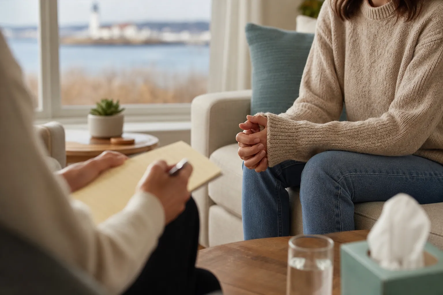 A therapist takes notes while a seated woman clasps her hands during a counseling session in a bright room.