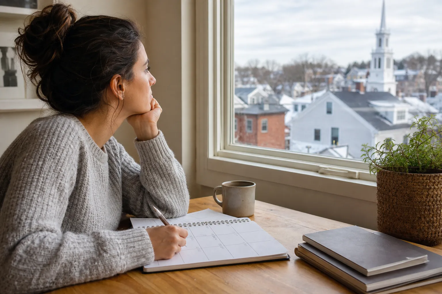 Woman Planning a Weekly Schedule by the Window Woman planning her weekly schedule in a blank calendar at a table beside a window, with a mug and notebooks nearby.