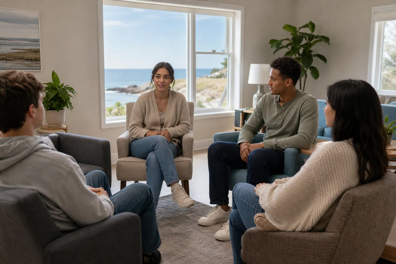 Adults Attending a Group Therapy Session Four adults sit in a circle for a group therapy session in a bright room overlooking the coast.