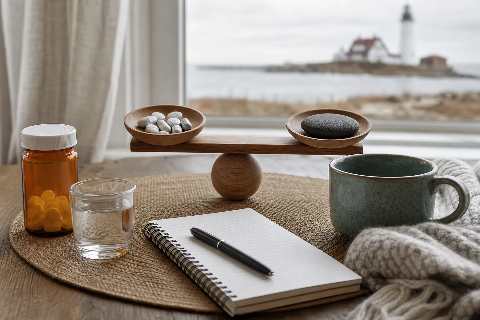 Medicine bottle and tablets beside a mug and notebook Medicine bottle and tablets beside a mug and notebook