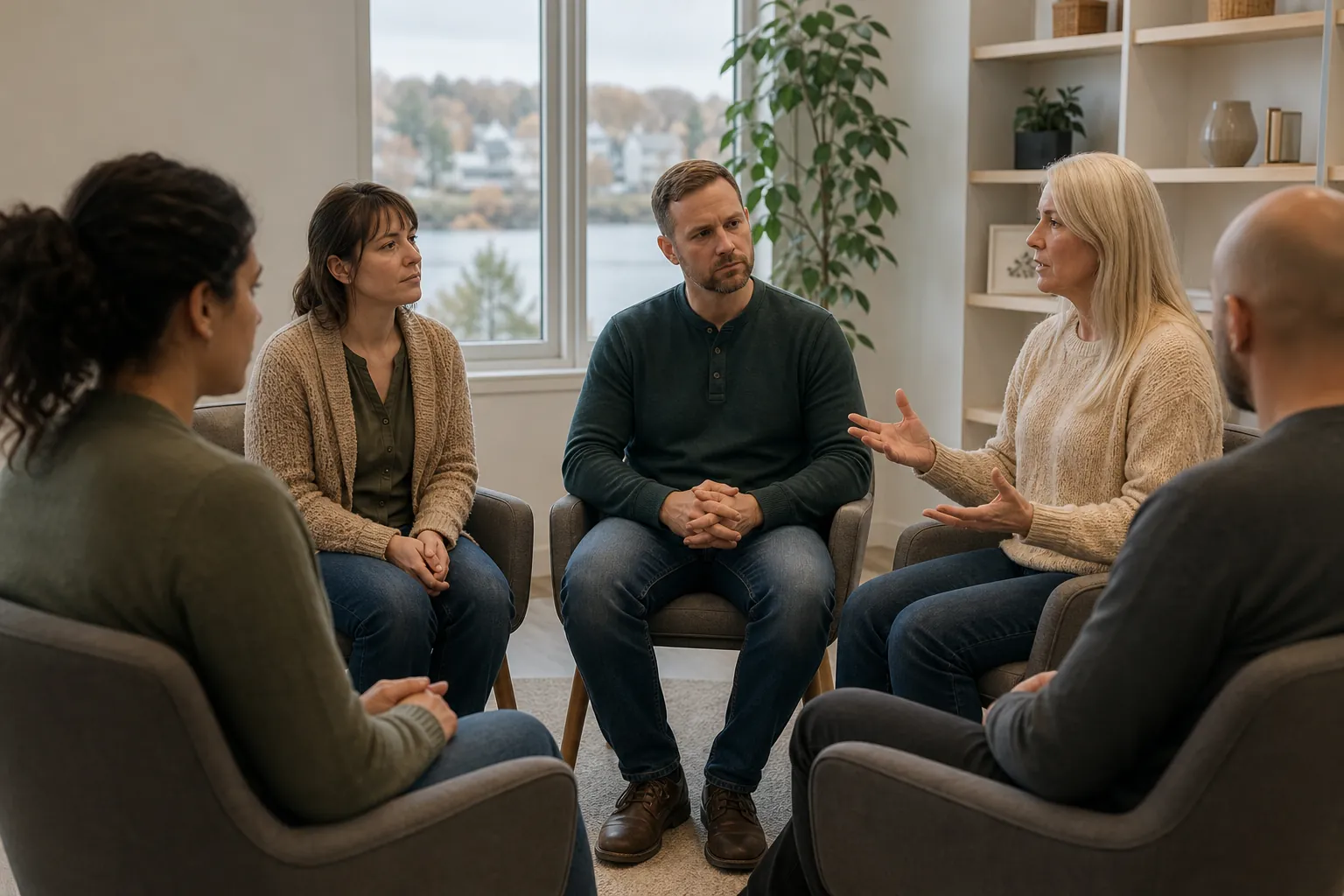 Adults talking in a small discussion circle Adults talking in a small discussion circle