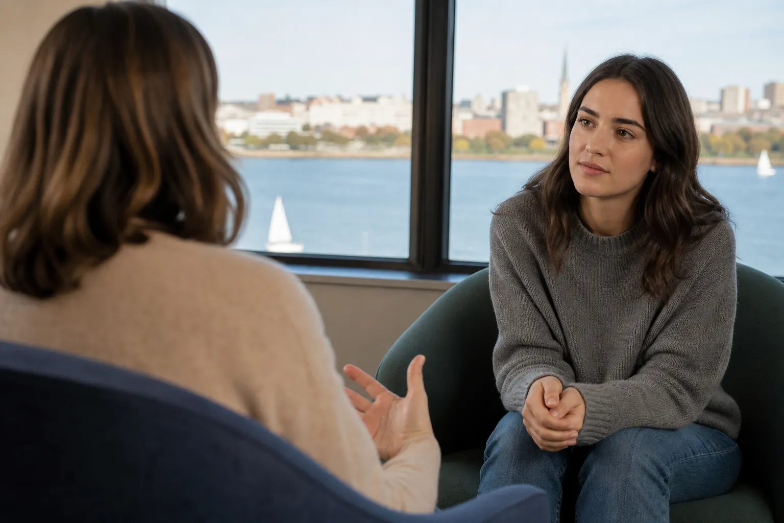 Adult Discussing Mental Health Care With a Counselor Two women sit across from each other in a counseling session beside windows overlooking a waterfront.