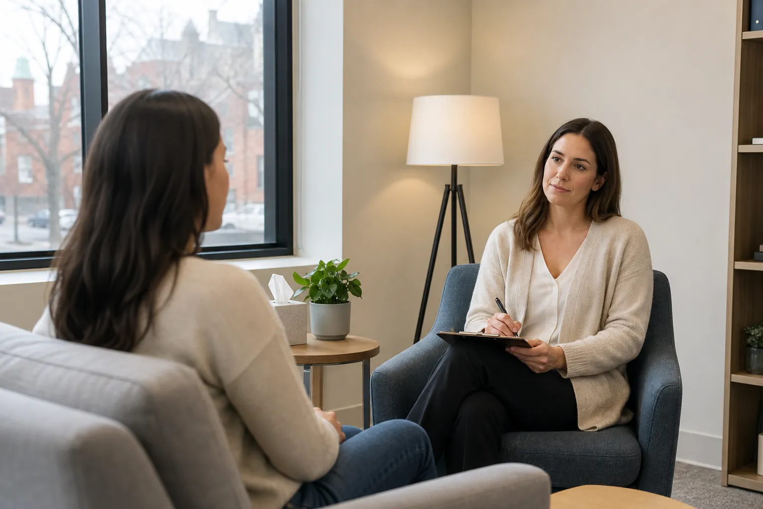 Initial Behavioral Health Assessment With a Clinician A clinician takes notes while listening to an adult patient during an initial behavioral health assessment.