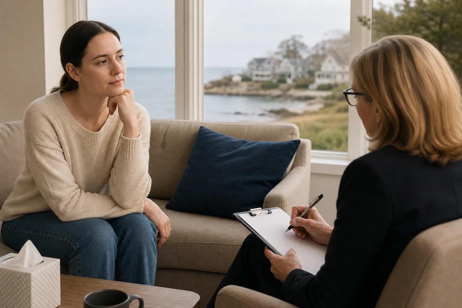 Adult Patient Meeting With a Therapist in a Coastal Office A woman speaks with a therapist holding a clipboard in a bright office overlooking a coastal neighborhood.