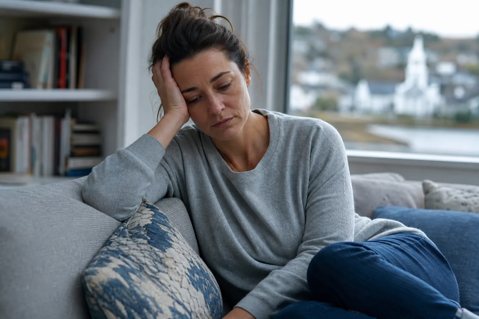 A weary woman in a gray sweater sits on a sofa, resting her head in one hand and looking down with a subdued expression.