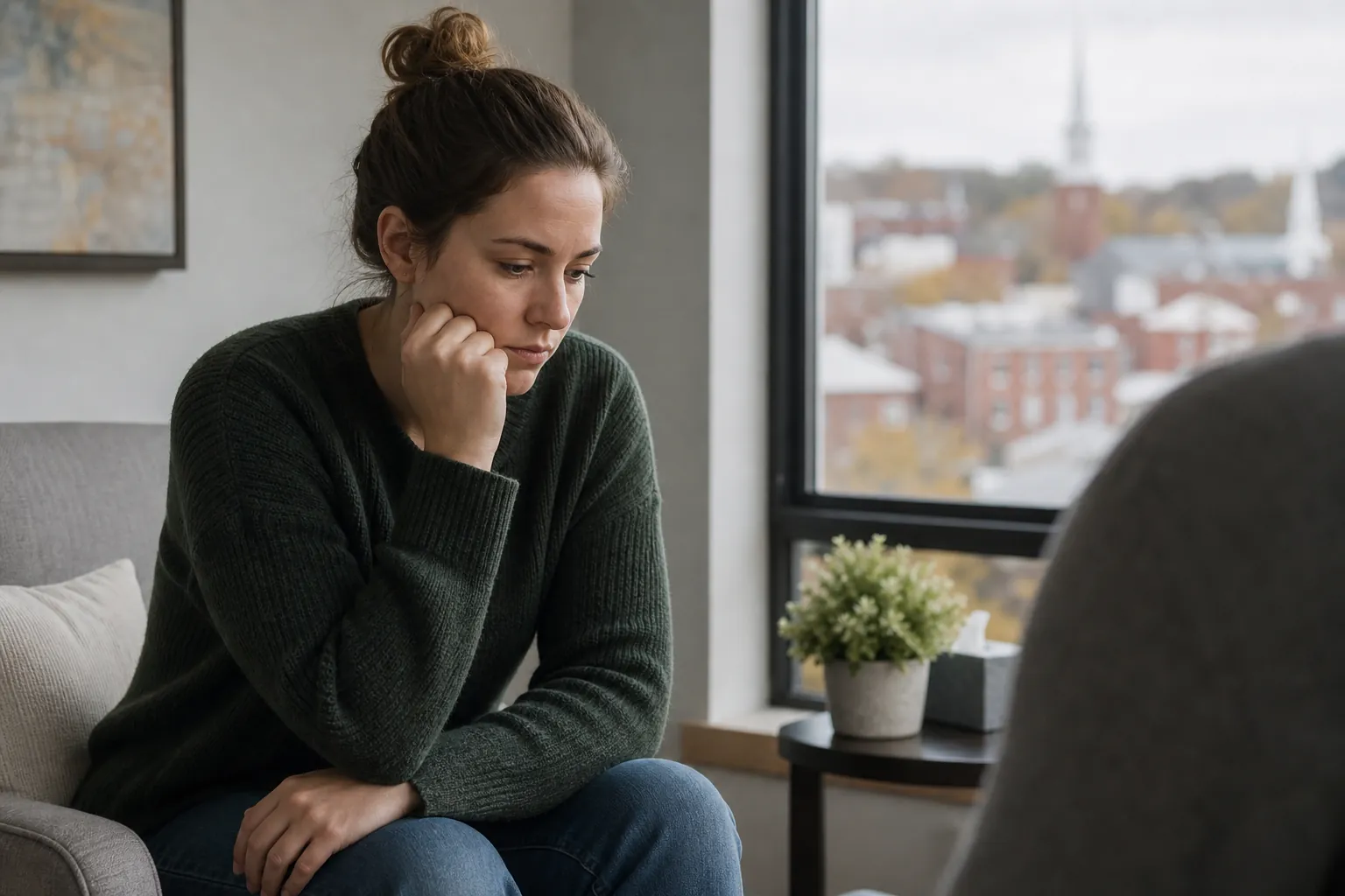 A downcast woman rests her face on her hand while seated across from a therapist in an outpatient office.