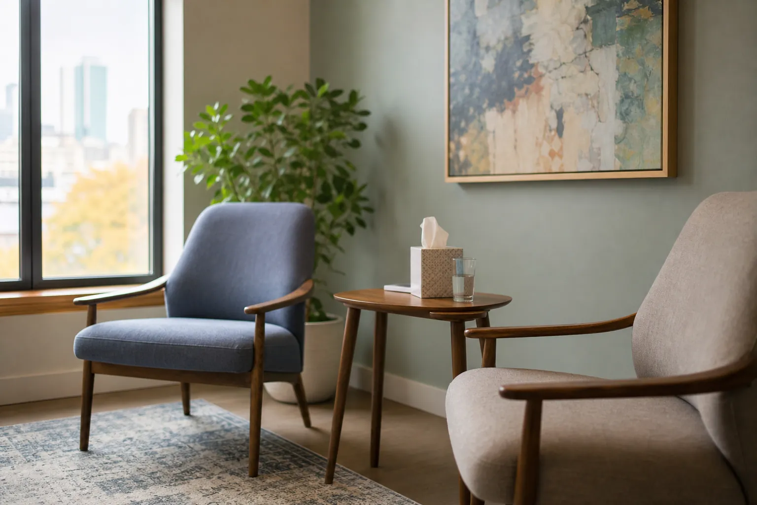 Empty chairs in a bright room