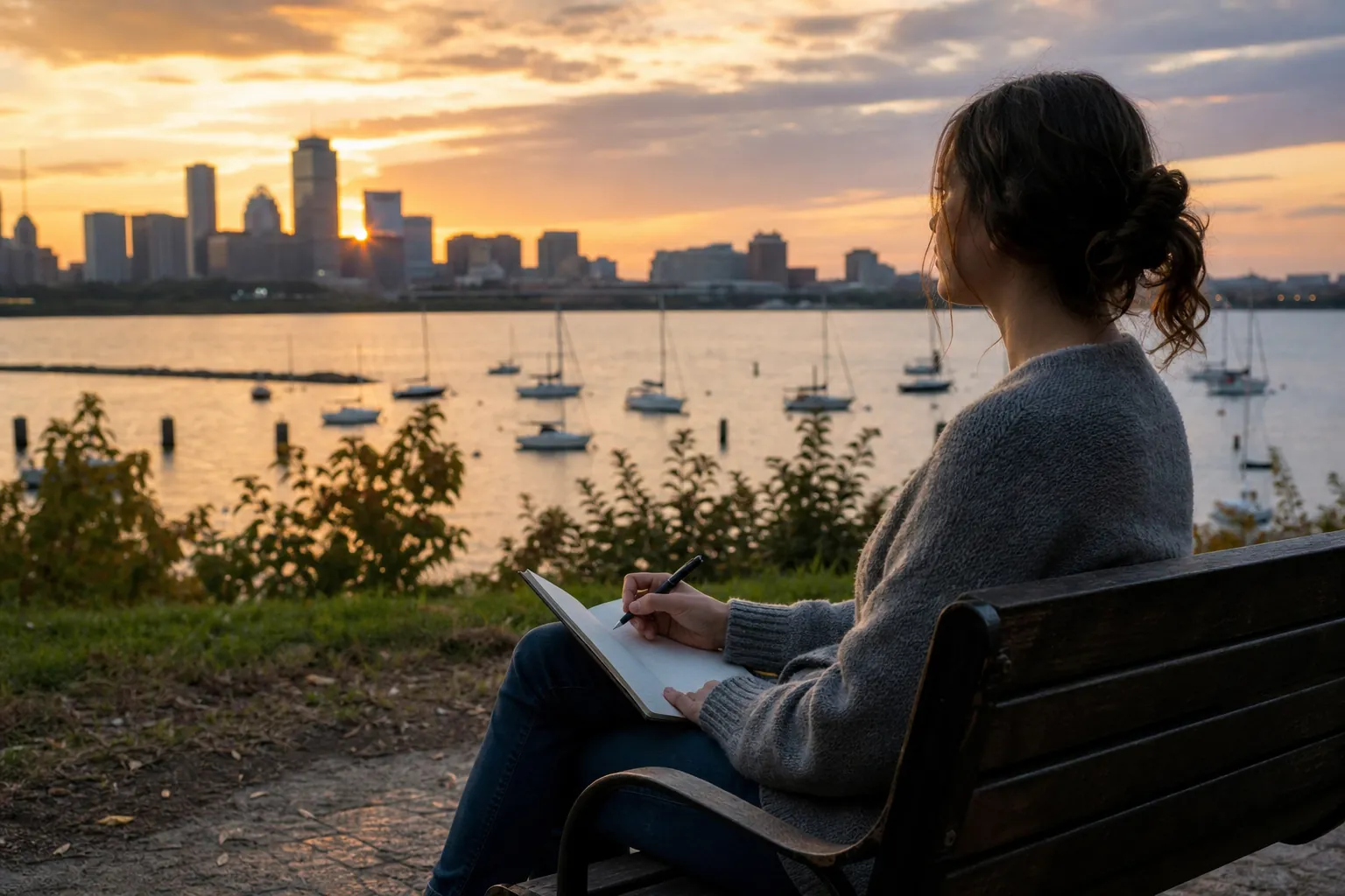 Woman writing in a notebook on a waterfront bench while looking toward sailboats and a city skyline at sunset.