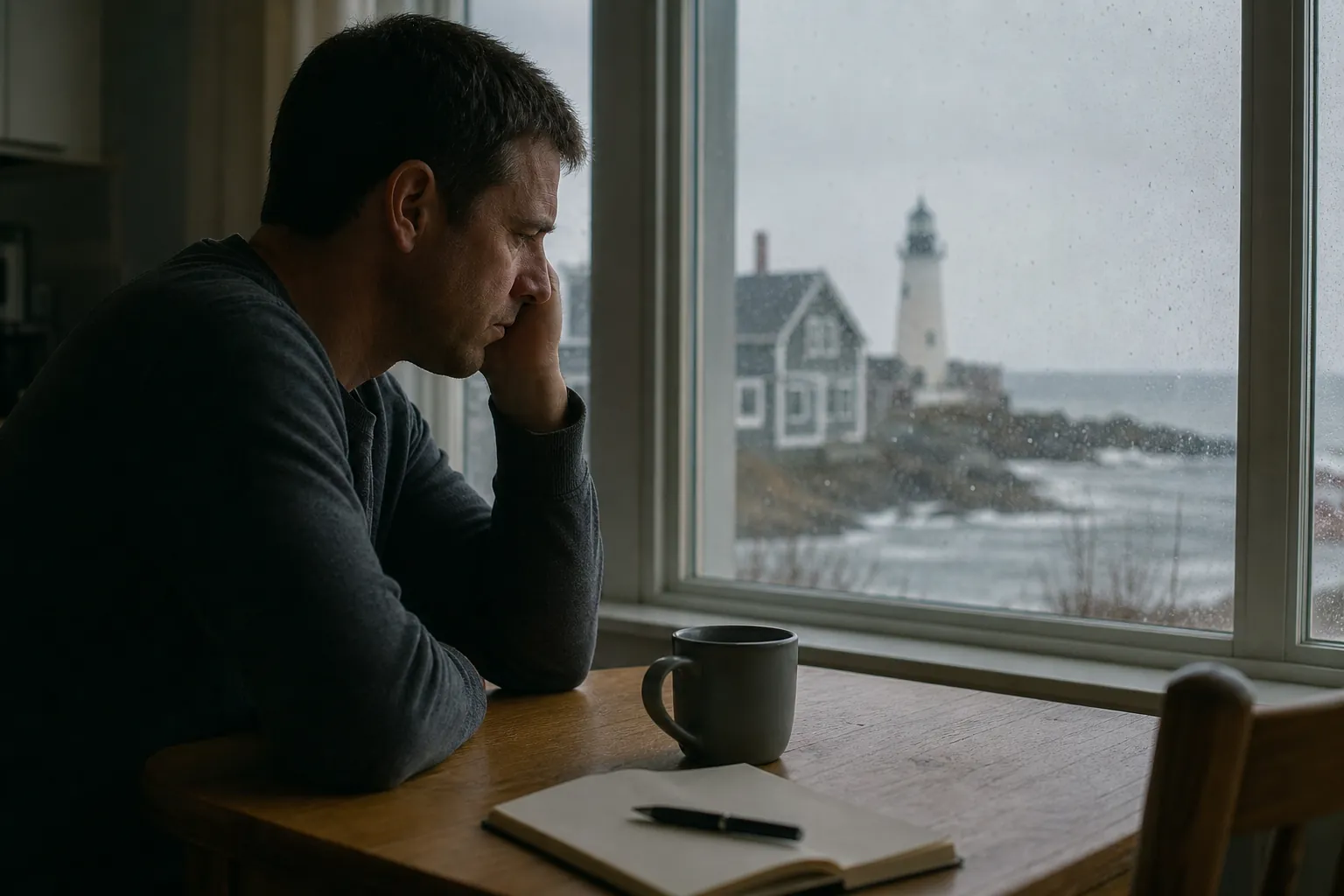A pensive man rests his head on one hand beside a blank notebook and mug, looking toward a rainy coastal lighthouse.