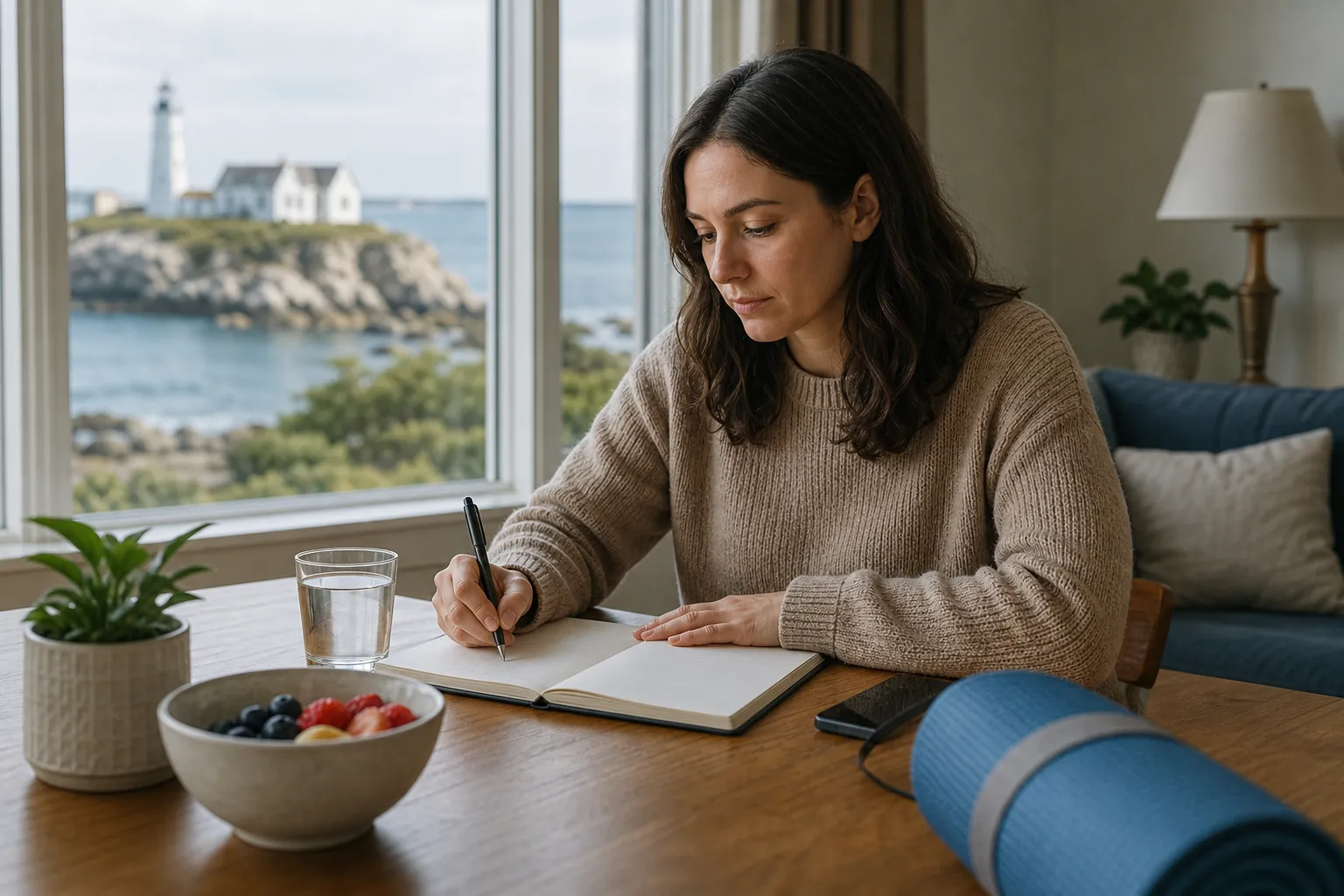 Woman writes in an open notebook beside water, fruit, a plant, and a rolled exercise mat in a coastal home.