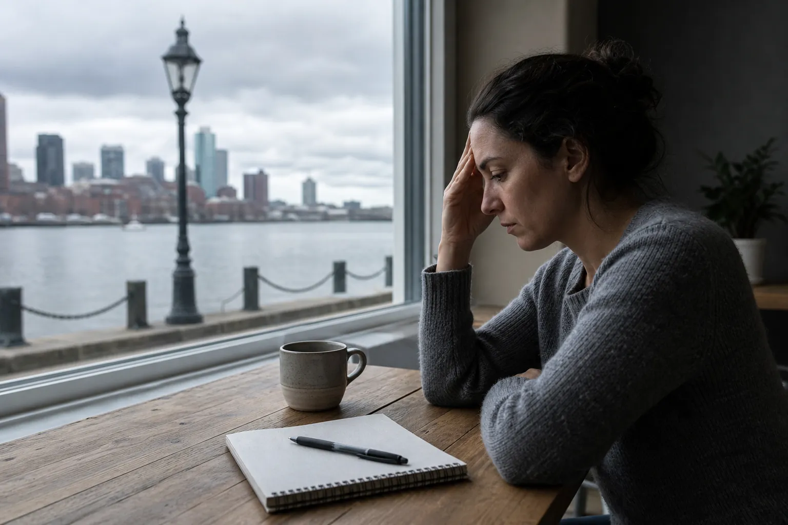 Pensive woman holding her forehead beside a blank notebook and coffee cup, overlooking a waterfront city through a window.