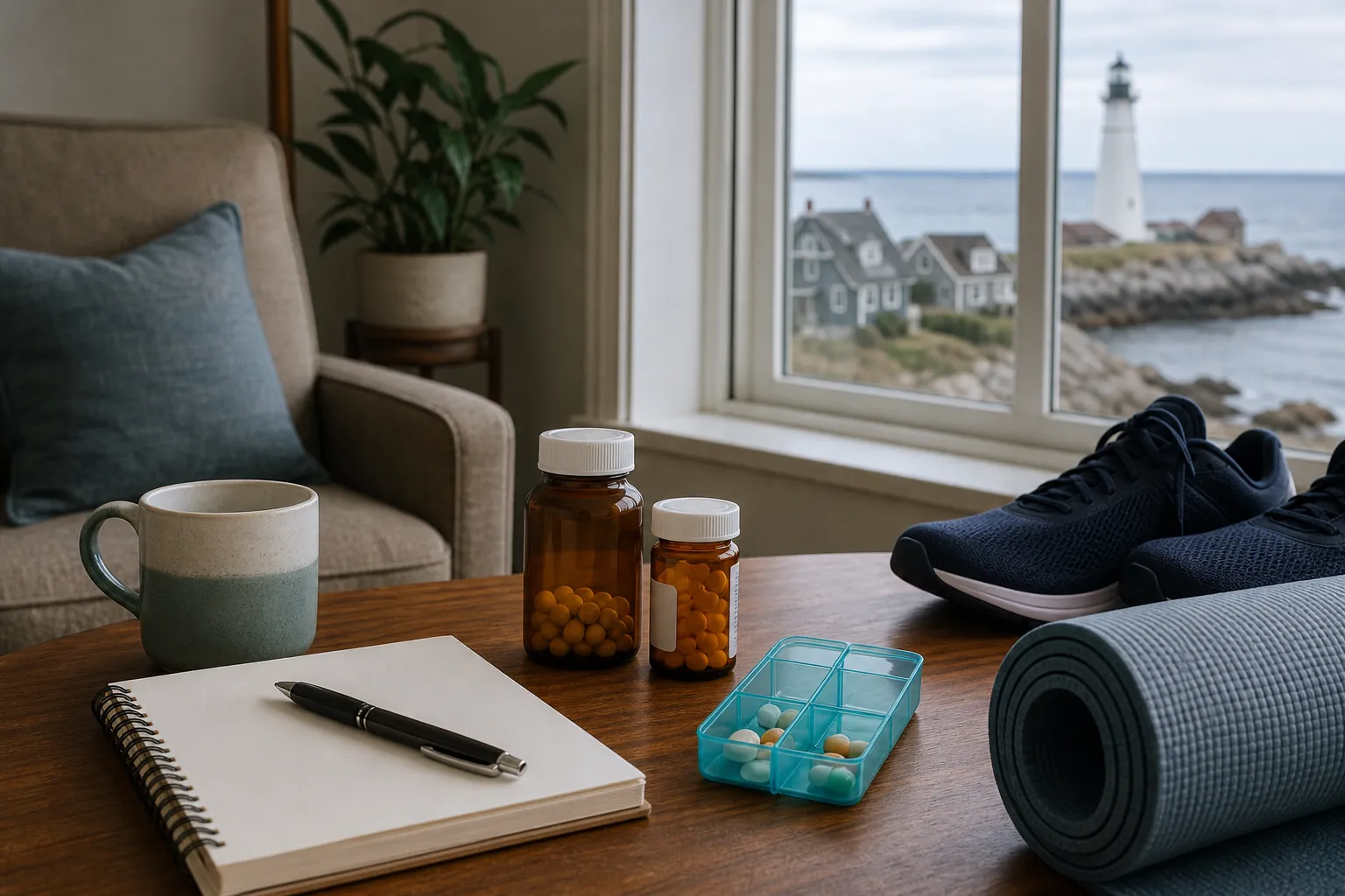 Medicine bottles beside a notebook and exercise mat
