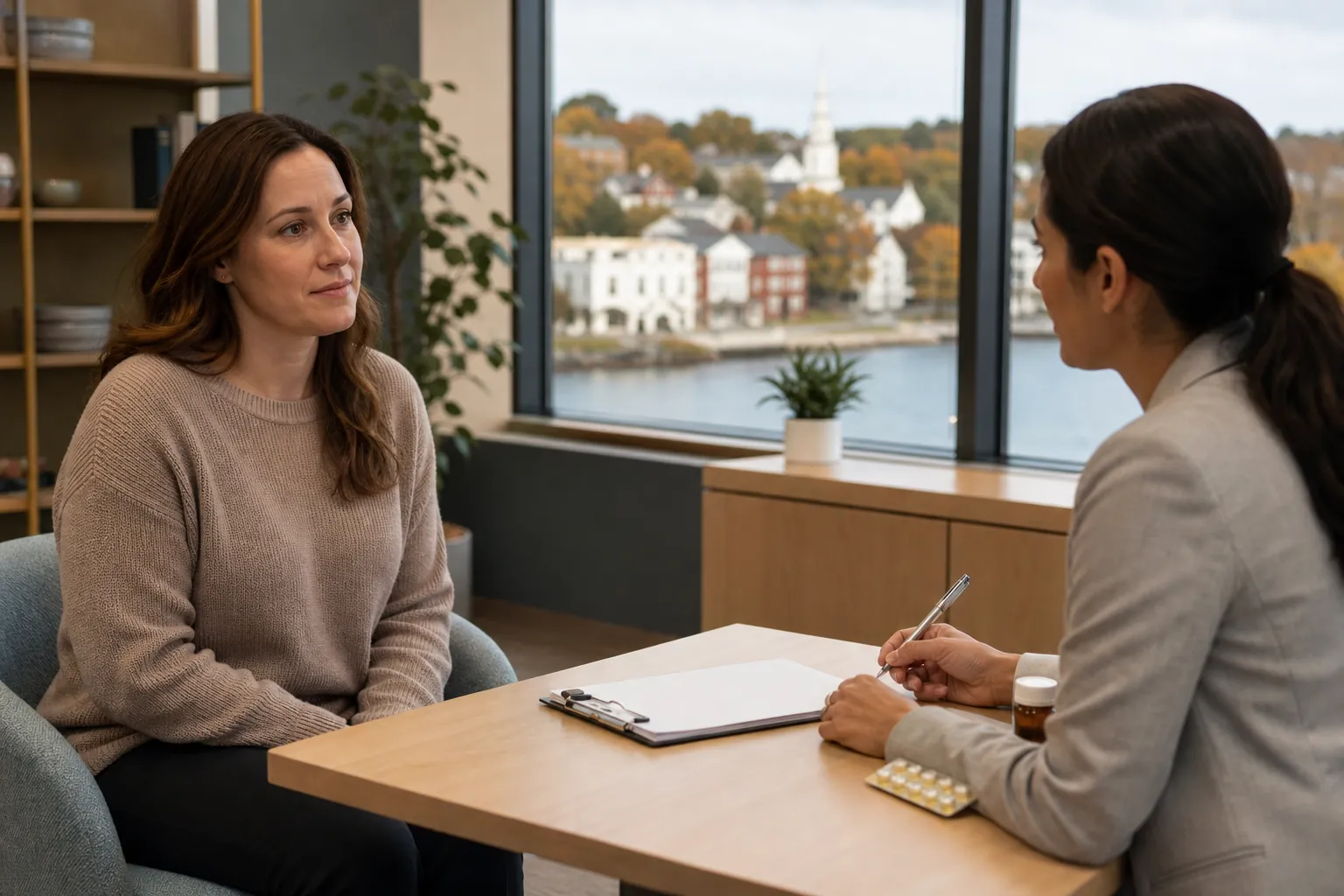 A clinician holding a pen meets with a woman across a desk with a clipboard, pill pack, and medication bottle.